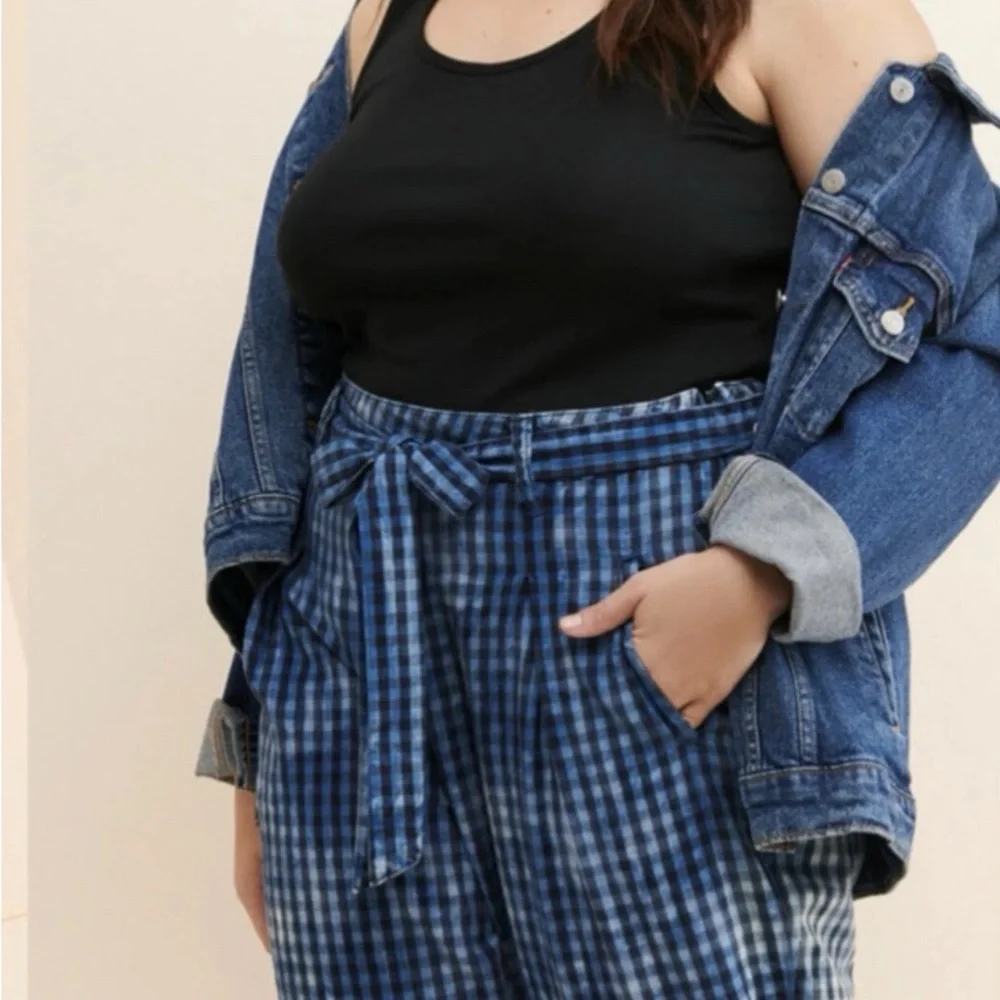Anthropologie Maeve Avryl Bleached Slim Pants Blue Check Plaid Sz 14 - Picture 2 of 14